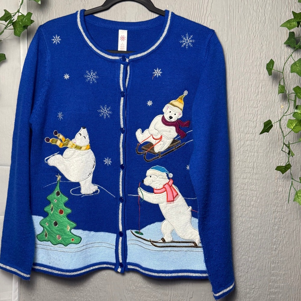 Holiday Time Womens Blue Polar Bear Christmas Cardigan Sweater Size M 8-10